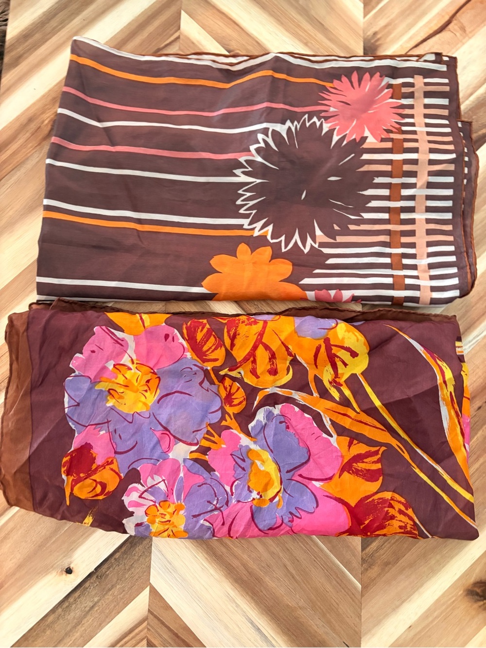 2 brown SILK vintage floral scarves